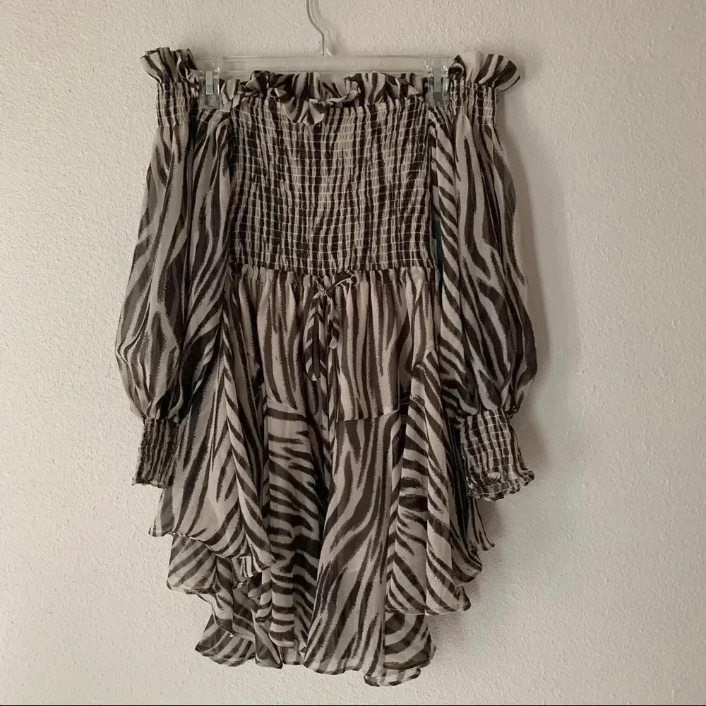 NEW Olivaceous zebra print off the shoulder smocked dress S